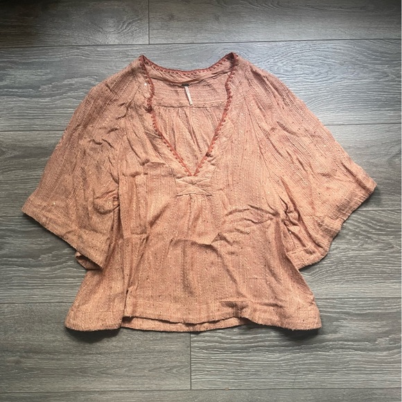 Free People Peach Metallic Deep V Neck Short Sleeve Peasant Top Size XS Autumn - Picture 1 of 6